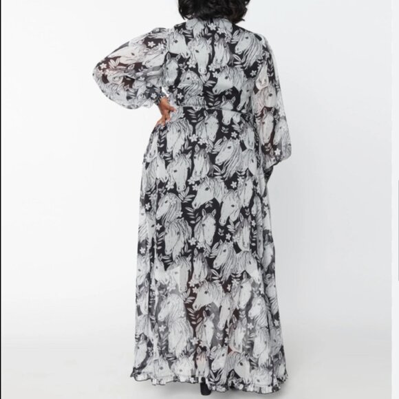 Unique Vintage Black & White Sheer Horse Print Maxi Flowy Dress L - Picture 6 of 9